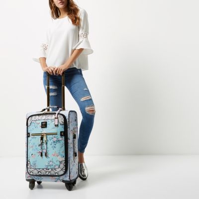Blue floral print wheelie cabin suitcase
